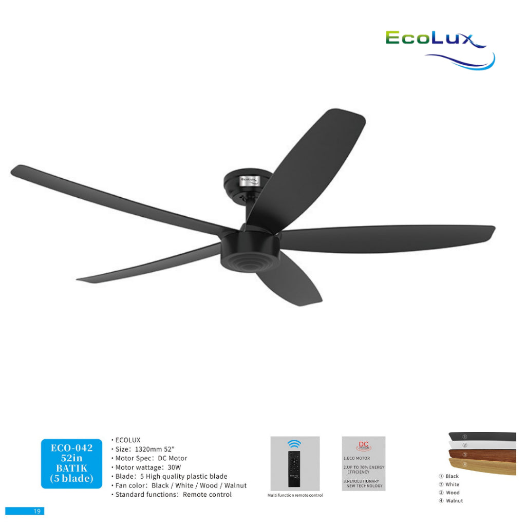 Ecolux 52IN Batik Ceiling Fan 5 Blade + Remote | Kipas Plafon Estetik Black White Walnut Wood