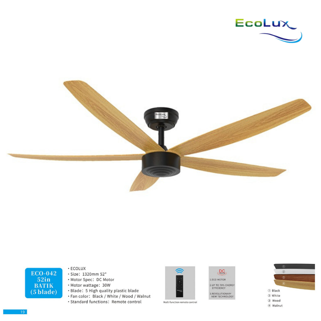 Ecolux 52IN Batik Ceiling Fan 5 Blade + Remote | Kipas Plafon Estetik Black White Walnut Wood